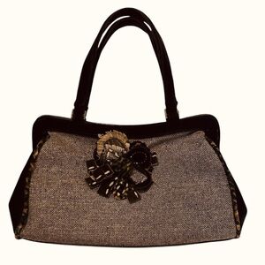 Vintage Inspired Brown Wool Tweed & Velvet Leopard Trim Satchel Handbag Purse